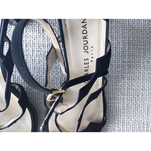 Designer Charles Jourdan Paris Vintage Black Suede Strappy Heels Sandals 8.5 - Picture 7 of 11